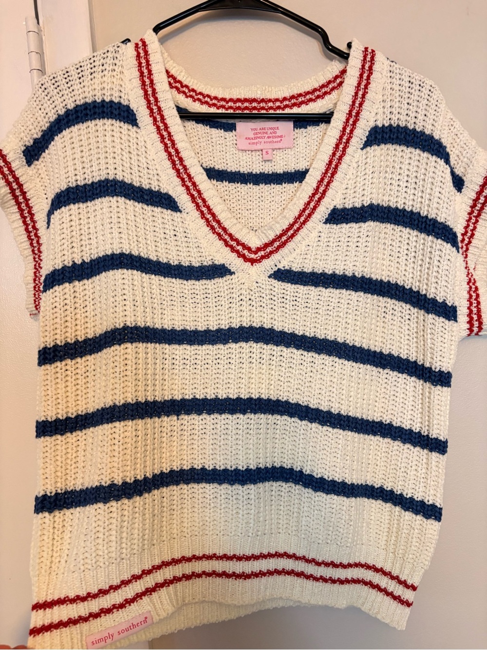Simply Southern Cream Knit Vest with Navy Stripes and Red Trim